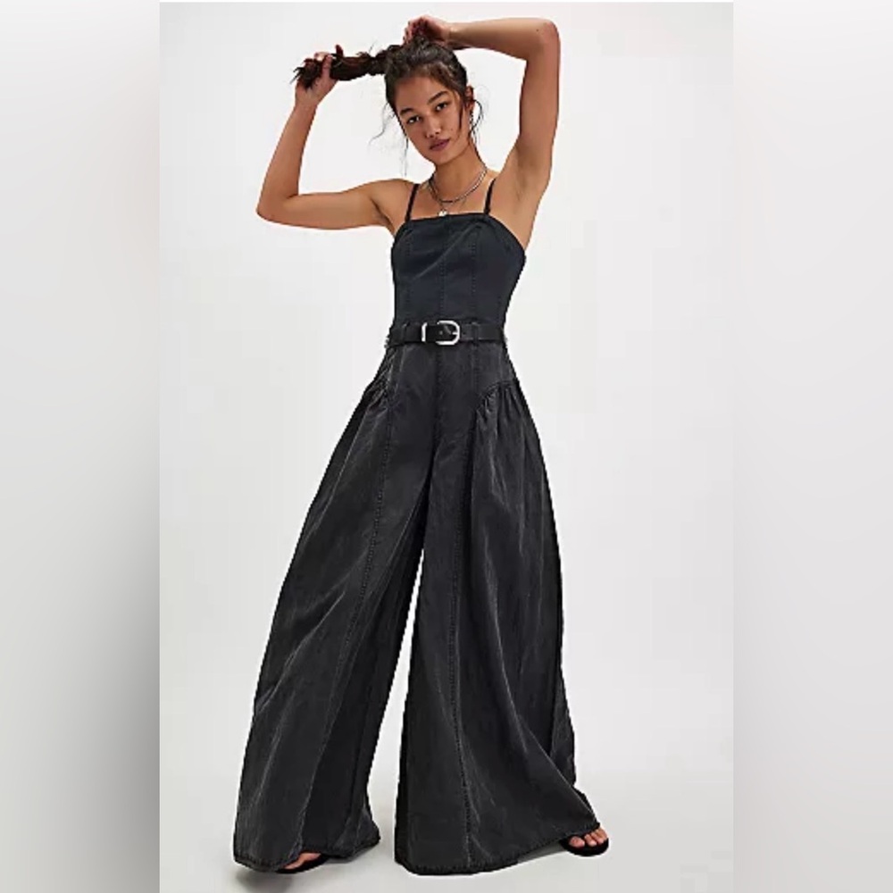 Free People Black Wide-Leg Belted Jumpsuit